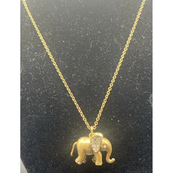 Signed J.Crew  Necklace Gold-Tone Rhinestone Elephant Trunk Up Pendant 28 +3" - Picture 2 of 13